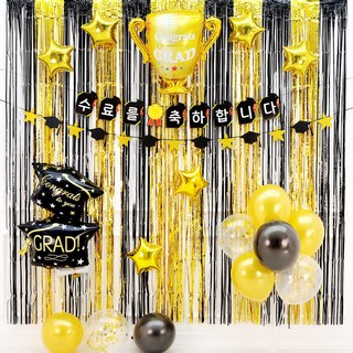 파티짱 수료 가랜드 풍선 커튼 세트 장식 축하 파티 소품, 1개, 수료 (뱃지 골드블랙)