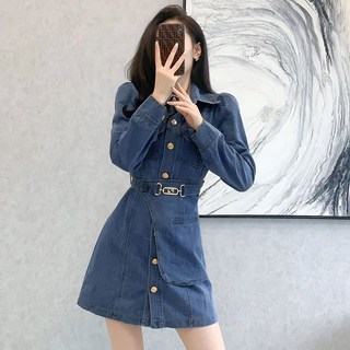 봄가을 칼라 넥 조임 슬림핏 데님 원피스 Z308
