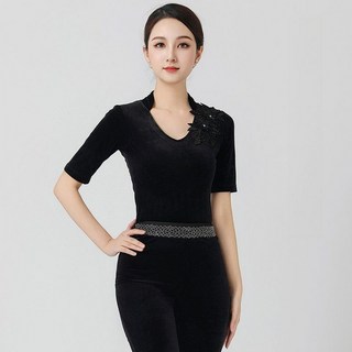 2025 NEW 골드 벨벳 점프수트 바디수트 여성 댄스 강사 트레이닝 전문 연습복, 반팔 블랙 비즈 탑