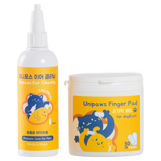 유니포스 강아지 고양이 저자극 이어 클리닝 손가락 패드 세트 이어케어 귀세정제 150ml+손가락패드50매, 1세트, 150ml