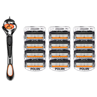 POLIIN 질레트 호환용 스윙 면도기 + 신형 프로글라이드 면도날 블랙주황, 1세트, 12개입