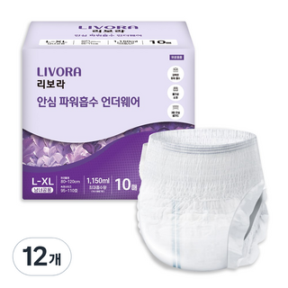 리보라 남녀공용 안심 파워흡수 언더웨어 팬티형 요실금 성인용 기저귀, 대형, 10매입, 12개