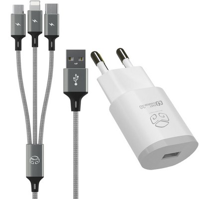  디지지 퀼컴 3.0 고속 충전 아답터 USB 1포트 18W + 3 IN 1 스카이 메타 멀티케이블 120cm, 화이트, 1개 