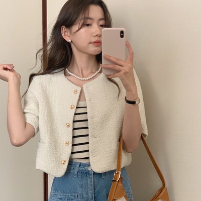 ANYOU 여성 트위드자켓 숏 반팔 아우터 하객룩 싱글 버튼 봄 여름_고급 느낌 가득한 트위드자켓으로 완성하는 시크한 스타일