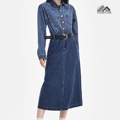 POMTOR 패션 롱원피스 긴팔 카라 청원피스 데일리 데님 미디 원피스_