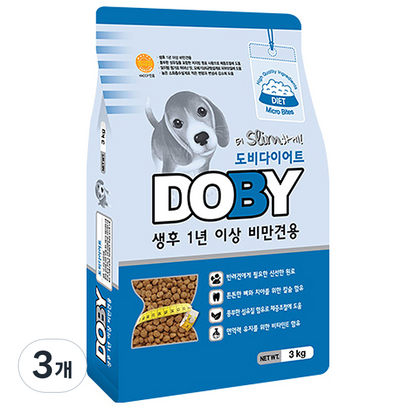 도비 어덜트 곡물 비만견 전용 다이어트 사료, 3kg, 3개