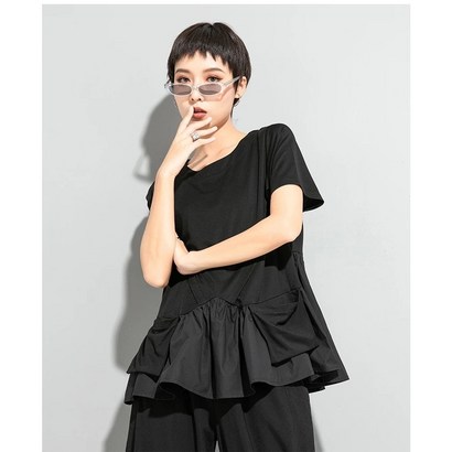 2022 여성용 반팔 여름 새로운 패션 개성 스티치 불규칙한 느슨한 티셔츠 캐주얼 탑 트렌드
