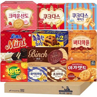 블루존 사무실 과자 11종 세트(촉촉한초코칩+크라운산도딸기+버터와플+뽀또치즈+오예스mini+화이트하임+초코하임+빈츠+마가렛트+쿠크다스케이크+쿠크다스화이트), 1개