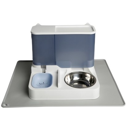 고양이 강아지 일체형 반자동 급식기 급수기 + 애완동물 매트 세트, 1세트, 블루+애완동물 매트