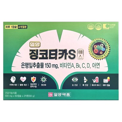 [하늘문 케어] 일양약품 약국 정품 징코티카S 에스 4개월분 2개월분 은행잎 조혈비타민 혈액순환 혈행개선 이명 집중 징코큐텐