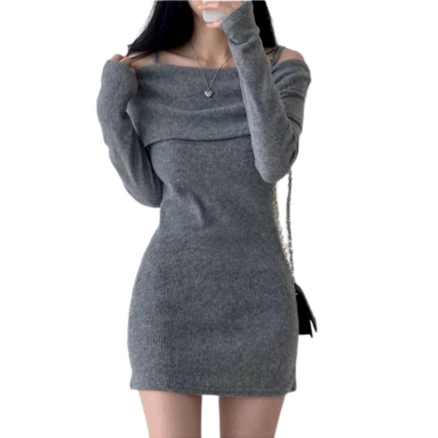 로엘란 여성 오프숄더 핸드워머 섹시 슬림 글램 미니 원피스