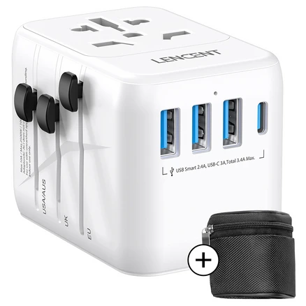 LENCENT 4포트 해외 여행용 멀티 플러그 어댑터 유럽 미국 일본 호주 변환 돼지코 어댑터 화이트 PA048W-C3U, 1개