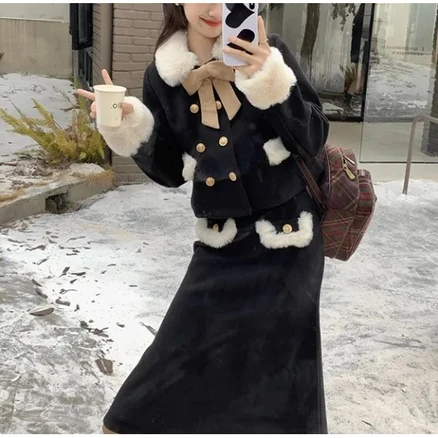 LOKEXING 면 가먼트 모직 코트 상의+스커트 여 가을 겨울 패션 세트