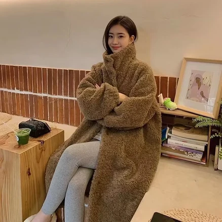 SunburstWonder 여성 인조양털 램스울 코트 퍼 리얼 뽀글이 도톰한 오버핏 롱 코트