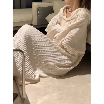 여성용 편안한 슬림 롱후드 원피스 잠옷 홈웨어