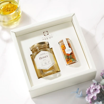여섯별 제주 메리골드 꿀꽃차 답례품, 마음가득담아(브라운띠지), 꿀꽃차선물세트+친환경 종이쇼핑백, 1세트