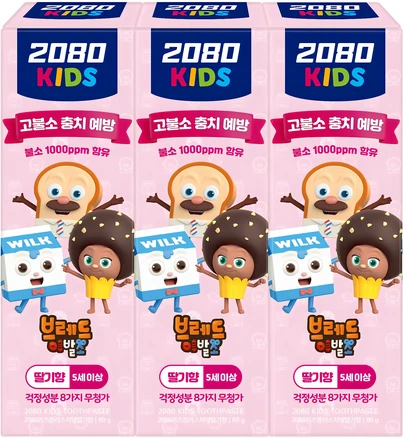 2080 키즈 브레드이발소 고불소 치약 딸기향, 80g, 3개