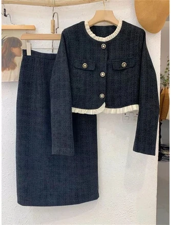 여성 소향풍 세트 캐주얼 봄 가을 긴팔 트위드 자켓 + 하이웨이스트 H라인 롱 스커트 상하의 투피스 기질 소향풍 트위드 투피스 세트 MJS