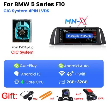 안드로이드 올인원 호환 안드로이드올인원 MEKEDE 자동차 라디오 BMW 5 시리즈 F10 F11 2011-2017 12.3 인치 카플레이 자동 와이파이 GPS BT 4G, 3) CIC 2-32G CAM DVR