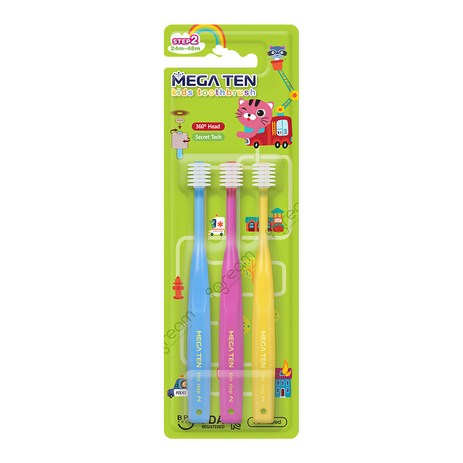 메가텐 키즈 360 어린이 유아칫솔 2단계 3P, 스카이블루 + 핑크 + 옐로우, 1개, 3개입-추천-상품