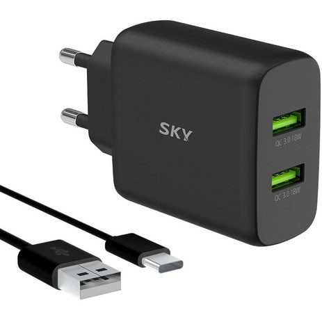 SKY-Fiil-Q2S-36W-USB-듀얼-고속충전기-QC3.0-+-C타입-고속충전-케이블-블랙-1세트-추천-상품