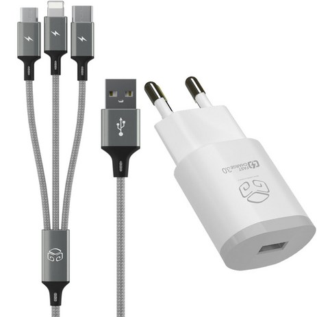 디지지 퀼컴 3.0 고속 충전 아답터 USB 1포트 18W + 3 IN 1 스카이 메타 멀티케이블 120cm, 화이트, 1개-추천-상품