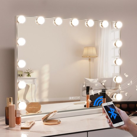 FENCHILIN 블루투스 LED 거울 대형 화장경 조명 할리우드 화장경 스마트 터치스크린 거울 벽면 / 탁상 겸용 거울 흰색 58cm x 46cm, 1개-추천-상품
