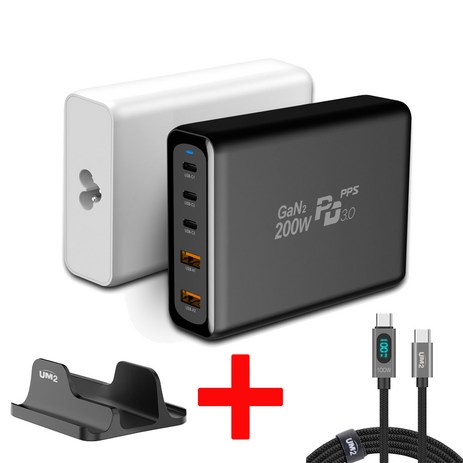 [사은품증정] UM2 GAN2_200PD 접지 플러그 급속 아이패드 멀티충전기 PPS 200W 220W 그램 노트북 맥북 초고속충전기 C타입 4포트 고속멀티충전기, MAX220W_블랙+100WLED고속케이블+거치대, 1개-추천-상품