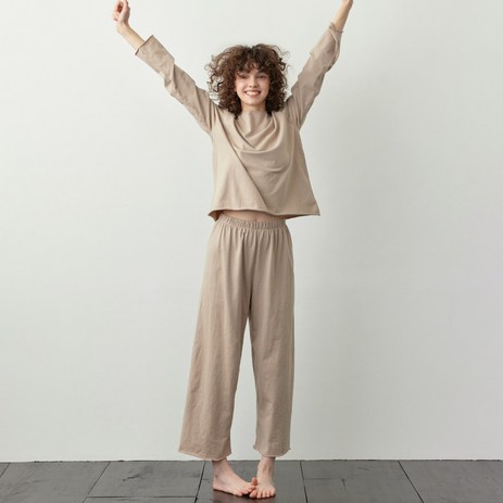피치 무지 순면 홈웨어 여성 잠옷 세트 파자마 베이지-추천-상품
