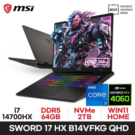 MSI 소드 17 HX B14VFKG QHD RTX4060 i7-14700HX, WIN11 Home, 64GB, 2TB, 그레이-추천-상품