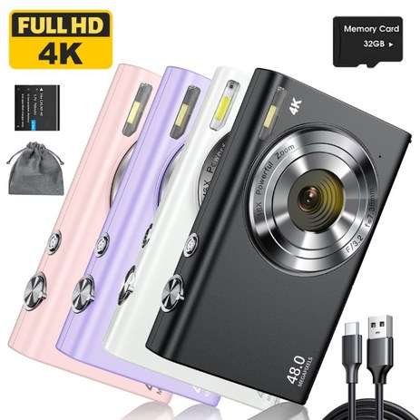 4K 디지털 카메라 4800W 자동 초점 UHD 동영상 블로그 카메라(32GB 메모리 카드 포함) 16배 디지털 줌 손떨림 방지 휴대용 YouTube 컴팩트 컴팩트 카메라, 검은색-추천-상품