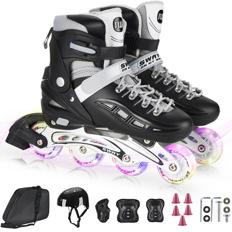 조정 가능한 인라인 스케이트+ 헬멧 + 보호대 세트 아동성인공용, 블랙-추천-상품