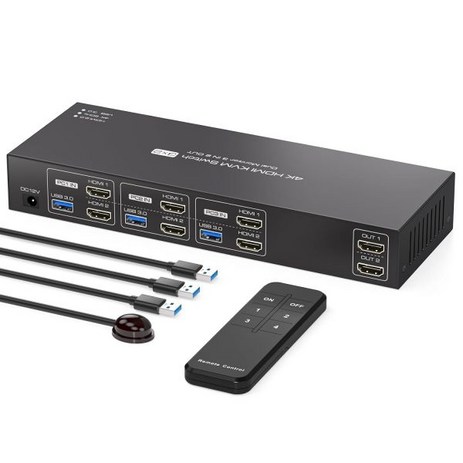 KVM 스위치 2 모니터 3대 컴퓨터 4K60Hz 듀얼 3대용 PC 공유 4대 USB 3.0 장치 케이블, KVM Switch 3 Computers 2 Monit, 1개-추천-상품