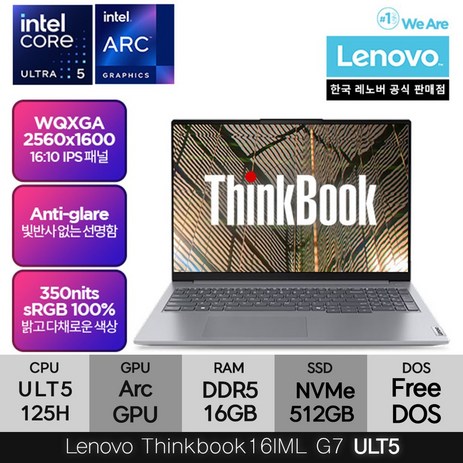 레노버 2024 씽크북 16IML G7 ULT5 2.5K 고해상도 인텔 Ultra5-125H, 21MS0071KR, Free DOS, 32GB, 1TB, Arctic Grey-추천-상품