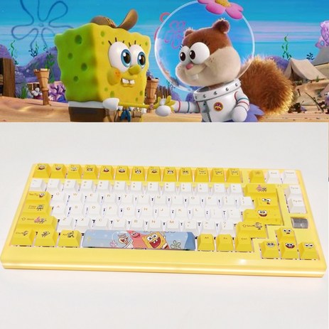 spongebob 스폰지밥 블루투스 캐릭터 키보드 무선 듀얼 모드 레트로 태블릿 ipad 컴퓨터, 녹색 축, 83 키 2D 옐로우, 공식 표준-추천-상품