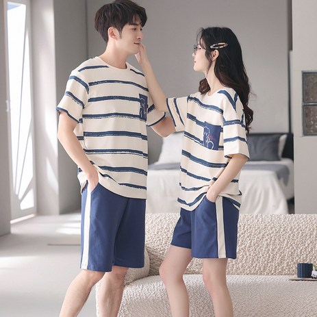 ANYOU 여름커플잠옷세트 순면 반팔잠옷 줄무늬 베어 홈웨어 여성잠옷 남자잠옷 수면잠옷-추천-상품