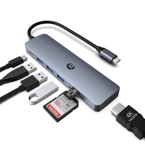 Tymyp 7 in 1 USB C 허브 HDMI 출력이 있는 노트북 멀티포트 어댑터 허브 100W 전원 공급 USB 3.0 포트 3개 SD/TF 리더기 USB C 노트북-추천-상품