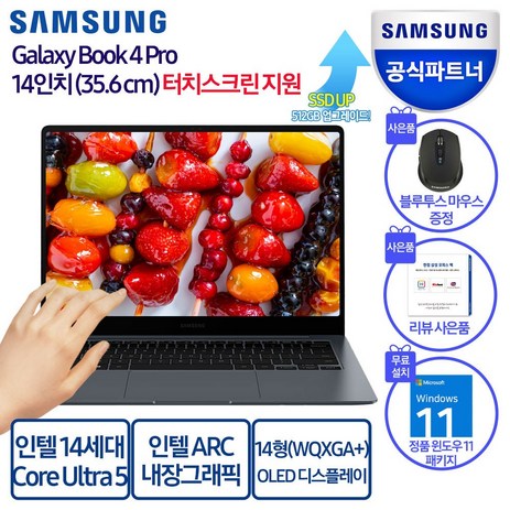 삼성전자 갤럭시북4 프로 NT940XGQ-A51A 14인치(35 5cm) 인텔 Ultra 5 터치스크린 서울/경기 퀵서비스 지원, 문스톤 그레이, NT940XGQ-A51AG, 256GB, 16GB, WIN11 Home-추천-상품