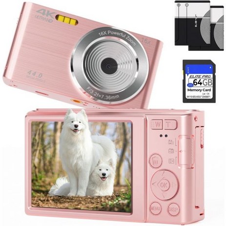 FHD 4K 44MP 디지털 카메라 64GB 카드 포함 16X 디지털 줌 핑크 컴팩트 소형 저렴한 카메라 오토 포커스 FHD 1080P 카메라 10대 소년 소녀를 위한 키즈 날 선, Pink-추천-상품