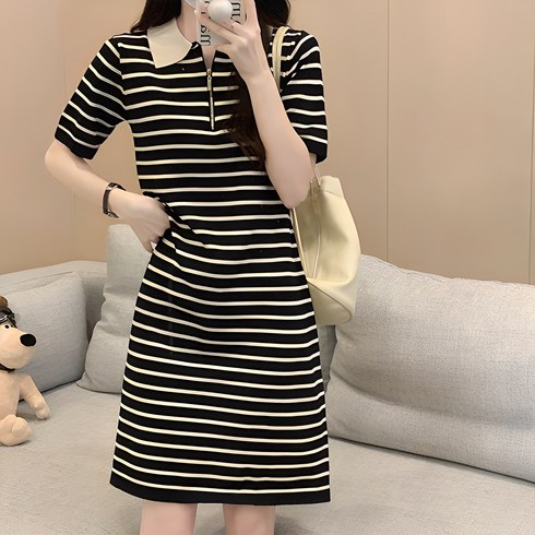 데일로엔 여성 단가라 카라 반팔 미디엄 데일리 원피스