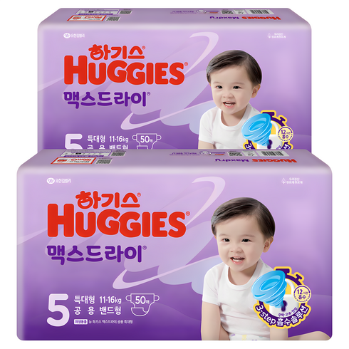 맥스드라이5단계 - 하기스 2024 맥스드라이 밴드형 기저귀 남여공용 특대형 11~16kg, 5단계, 100매