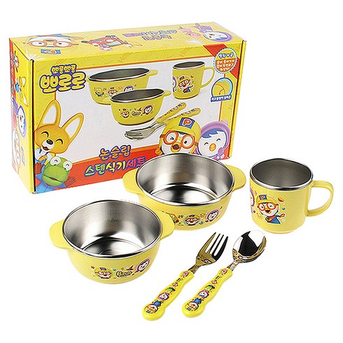 뽀로로 논슬립 스텐식기 5p세트, 혼합 색상, 공기 + 대접 + 컵 + 스푼 + 포크