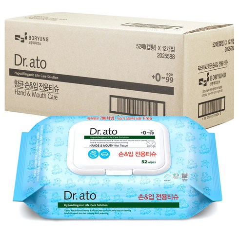 닥터아토 손 & 입 전용티슈 캡형 60gsm, 52매, 12팩