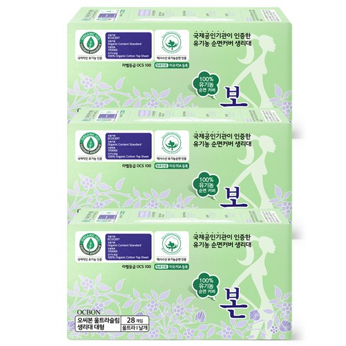 유기농본 유기농순면커버 대형 생리대 날개형, 28개입, 3개