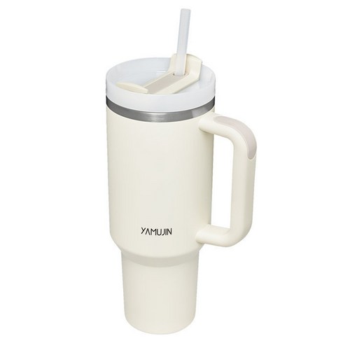 야무진 메가머그 대용량 손잡이 빨대 스텐 텀블러, 크림화이트, 1.2L, 1개