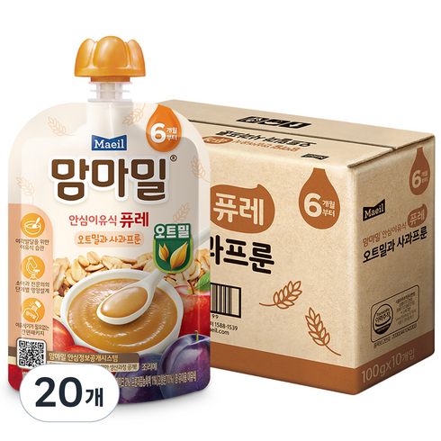 맘마밀퓨레 - 맘마밀 유아용 안심이유식 퓨레 오트밀과 사과프룬, 20개, 100g, 혼합맛(사과/프룬/오트밀)