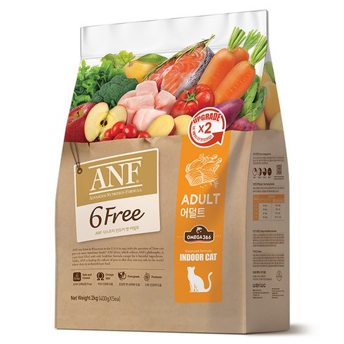 anf고양이사료 - ANF 생후 12개월 이상 식스프리 인도어 캣 어덜트 건식사료, 2kg, 1개