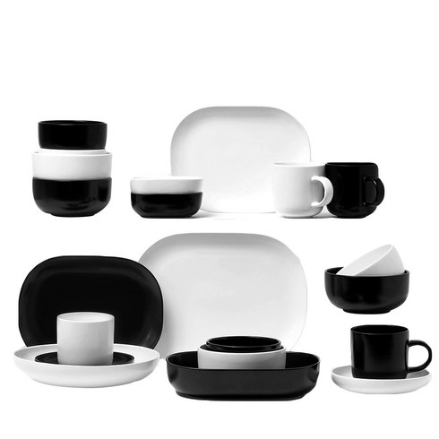 보울보울 레트로라인 4인 홈세트 21개, 블랙화이트, 공기 4p + 대접 4p + 머그컵 320ml x 4p + 오발미니볼 2p + 디저트볼 2p + 오발플레이트 M 2p + 오발플레이트 L + 오발볼 L + 파스타볼