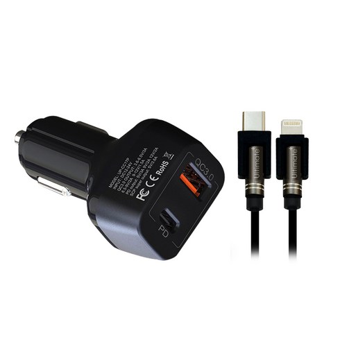 얼티밋플러스 차량용 QC3.0+PD 지원 2포트 고속 충전기 + PD 케이블, UP-CC17P, 오렌지 + 블랙