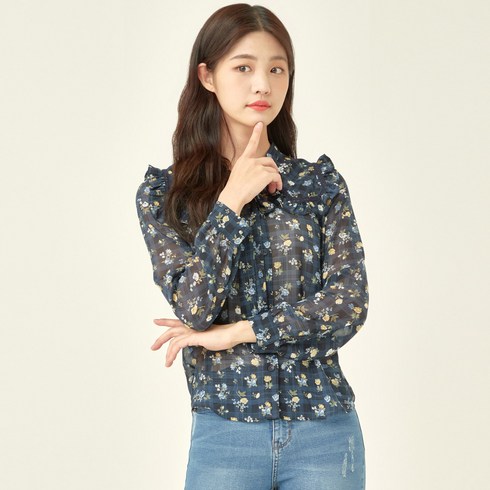 로엠 잔꽃 패턴 넥 포인트 블라우스
